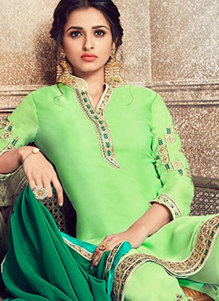 Silk Green Embroidered Work Pant Style Suit