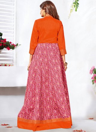 Stone Art Silk Anarkali Salwar Kameez in Orange and Pink