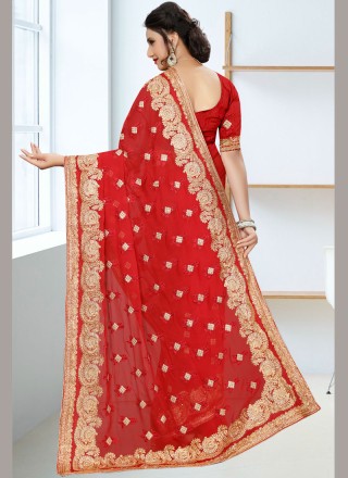 Stone Faux Georgette Designer Traditional Saree in Red