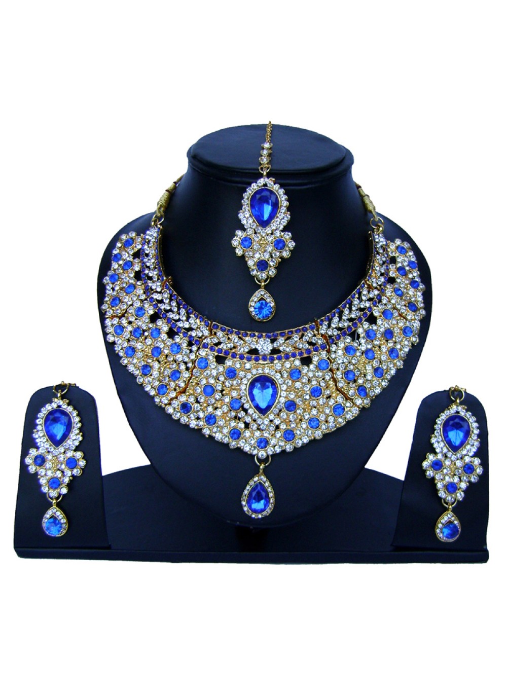 Shop Stone Work Blue and Gold Necklace Set Online 78277