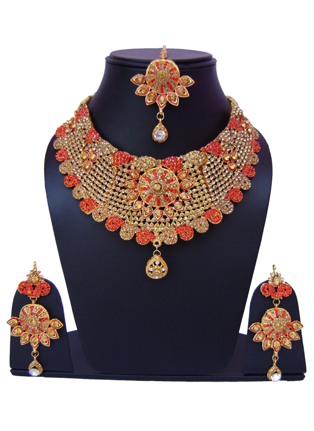 Stone Work Gold and Red Necklace Set 