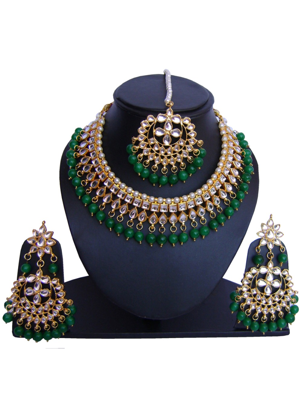 Stone Work Necklace Set in Gold and Green