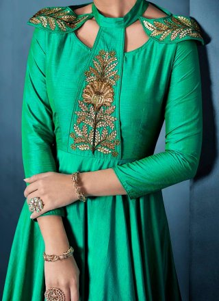Tafeta silk Embroidered Green Floor Length Anarkali Suit