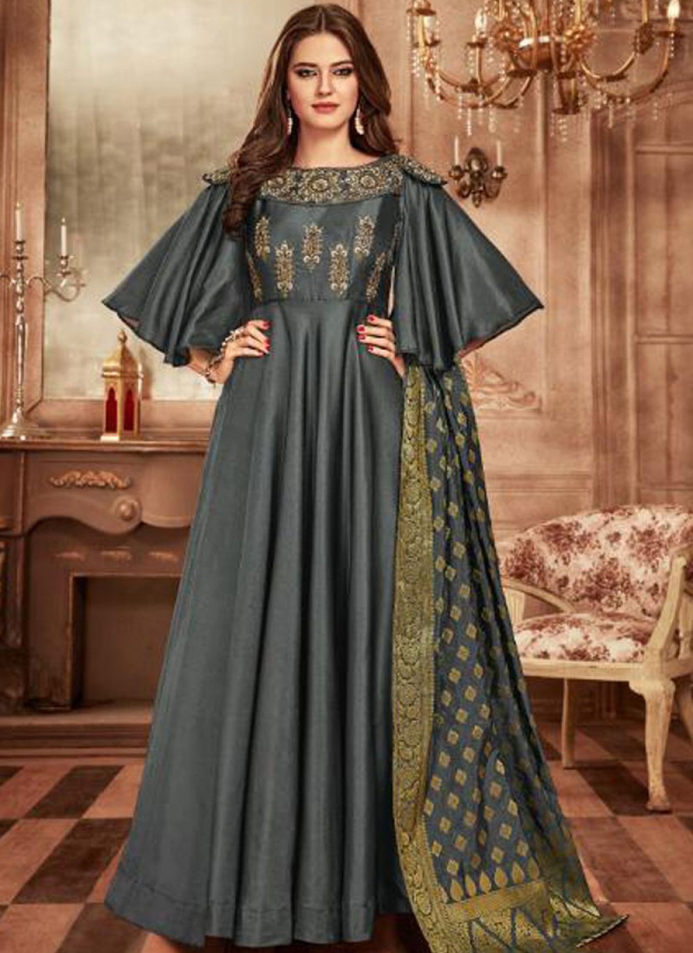 Buy Tafeta Silk Grey Embroidered Readymade Anarkali Suit Online