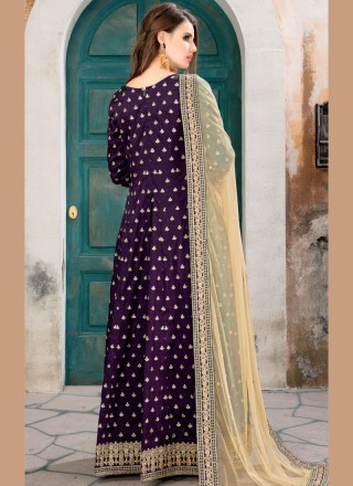 Tafeta silk Purple Floor Length Anarkali Suit