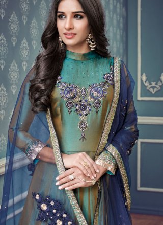 Teal Lace Work Art Silk Floor Length Anarkali Suit