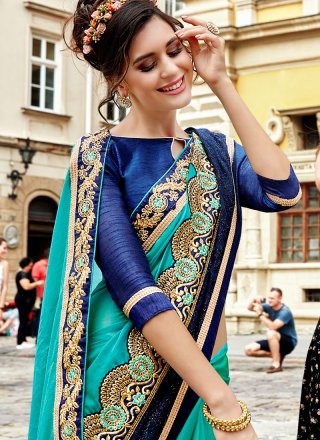 Turquoise Embroidered Work Silk Trendy Saree