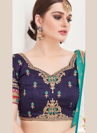 Turquoise Satin Silk Designer Traditional Saree