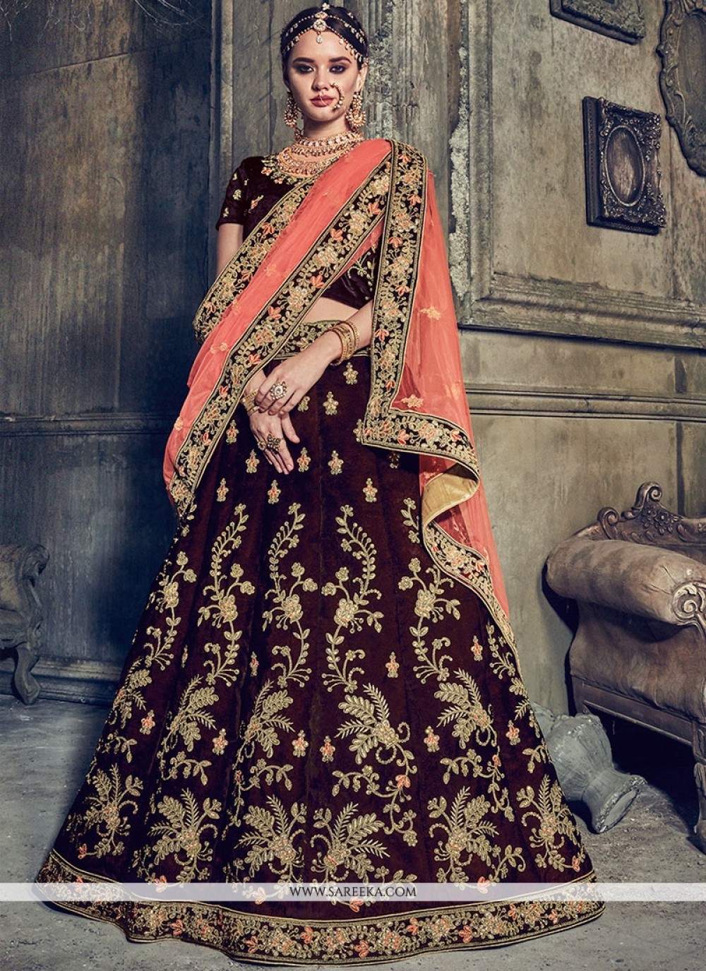 Maroon Embroidered Velvet Lehenga Choli