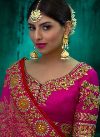 Viscose Hot Pink Resham Work Designer Traditional Saree
