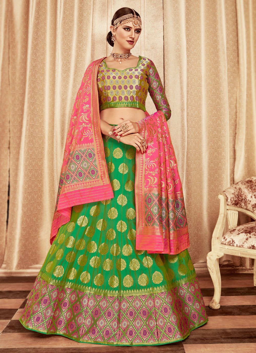 Buy Green Sequins Banarasi Silk Lehenga Choli Online At Zeel Clothing