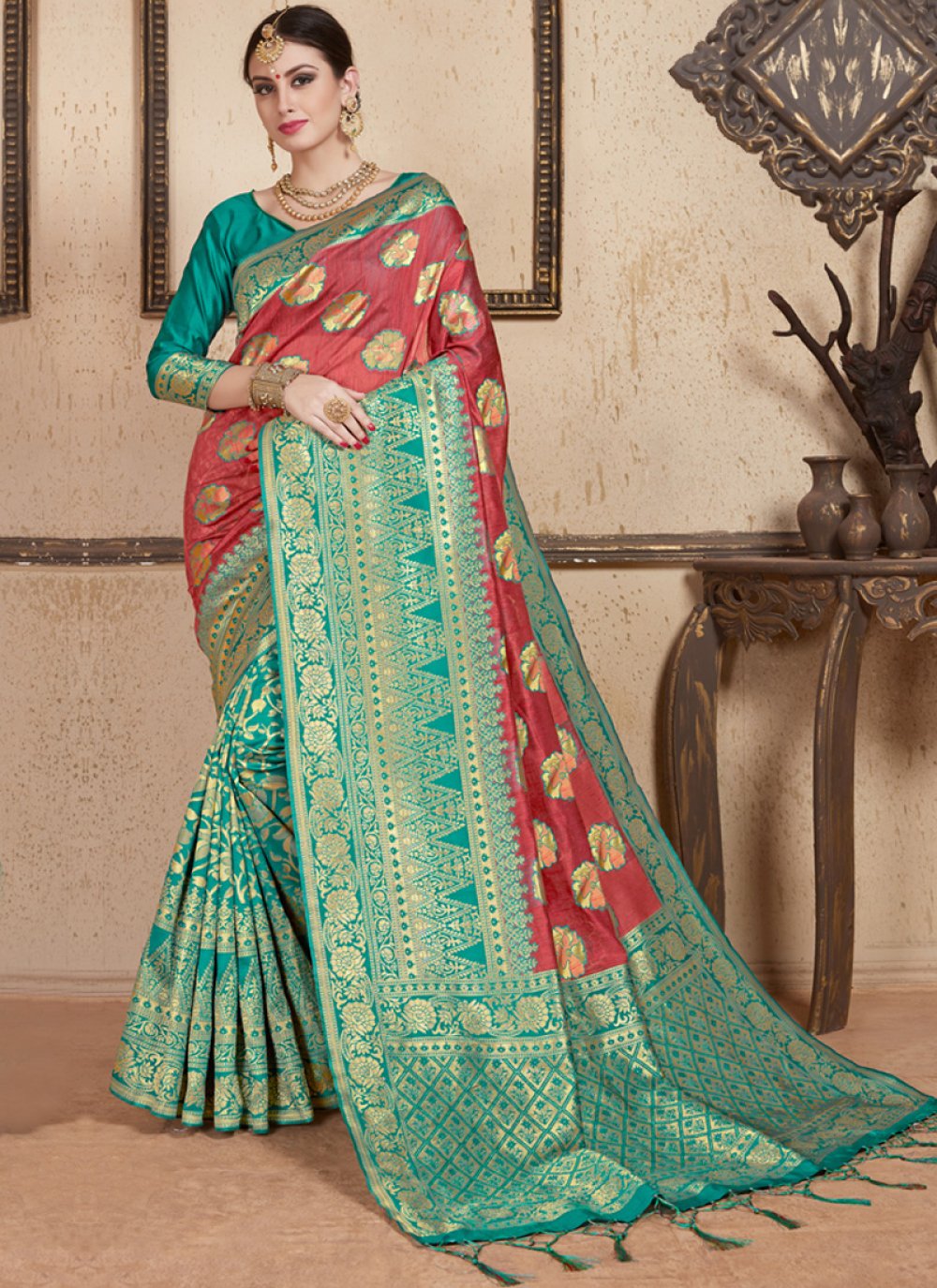 Buy Weaving Green and Red Classic Saree Online