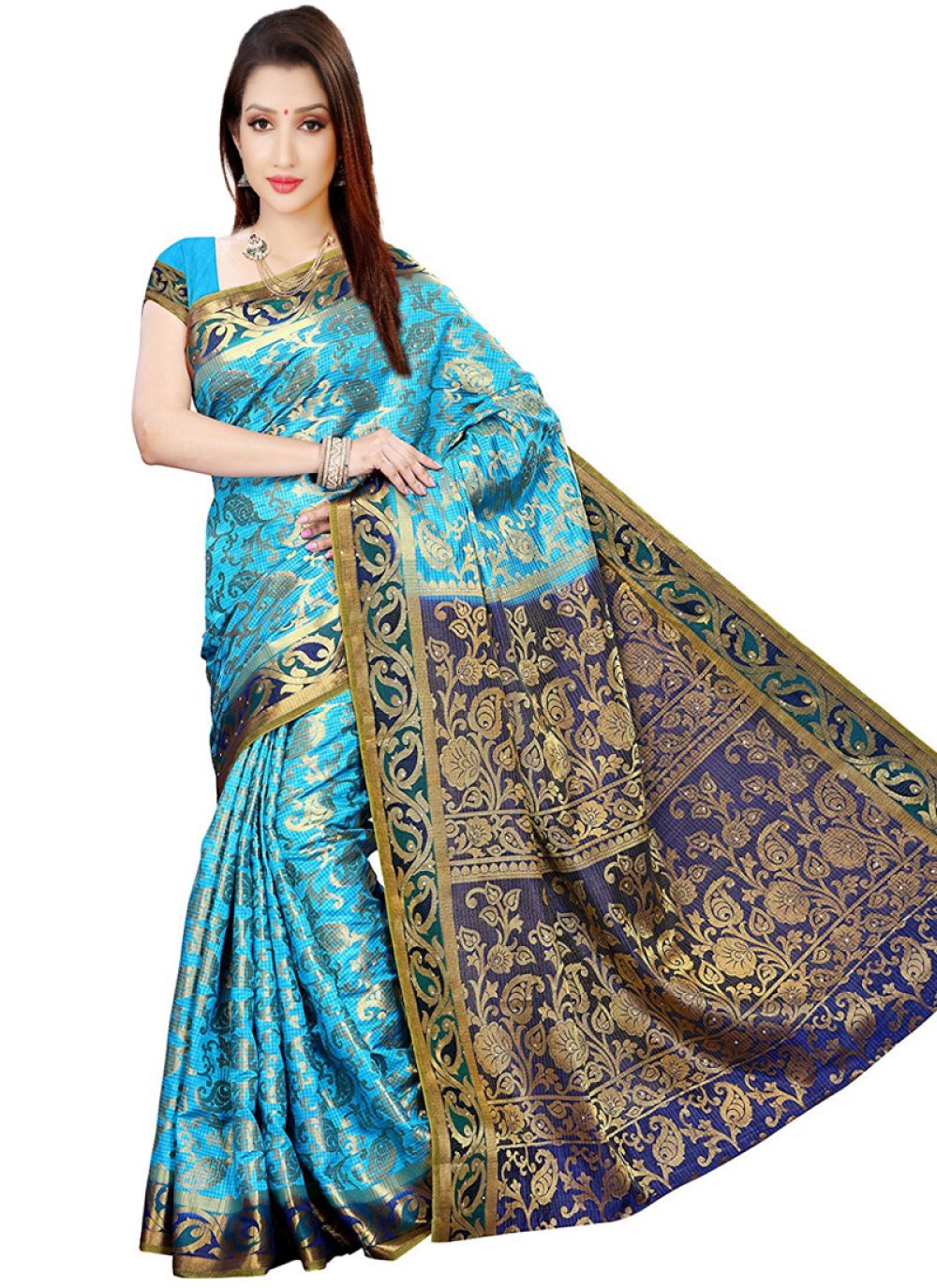 Buy Online Weaving Kanchipuram Silk Classic Designer Saree In Blue 