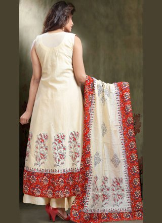 White Resham Work Chanderi Cotton Readymade Anarkali Suit