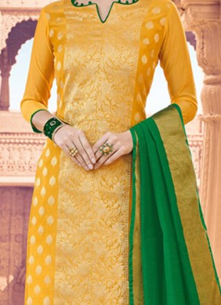 woven Work Art Silk Yellow Churidar Designer Suit