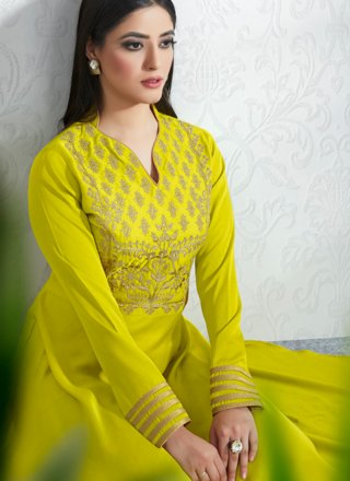 Yellow Embroidered Satin Party Wear Kurti