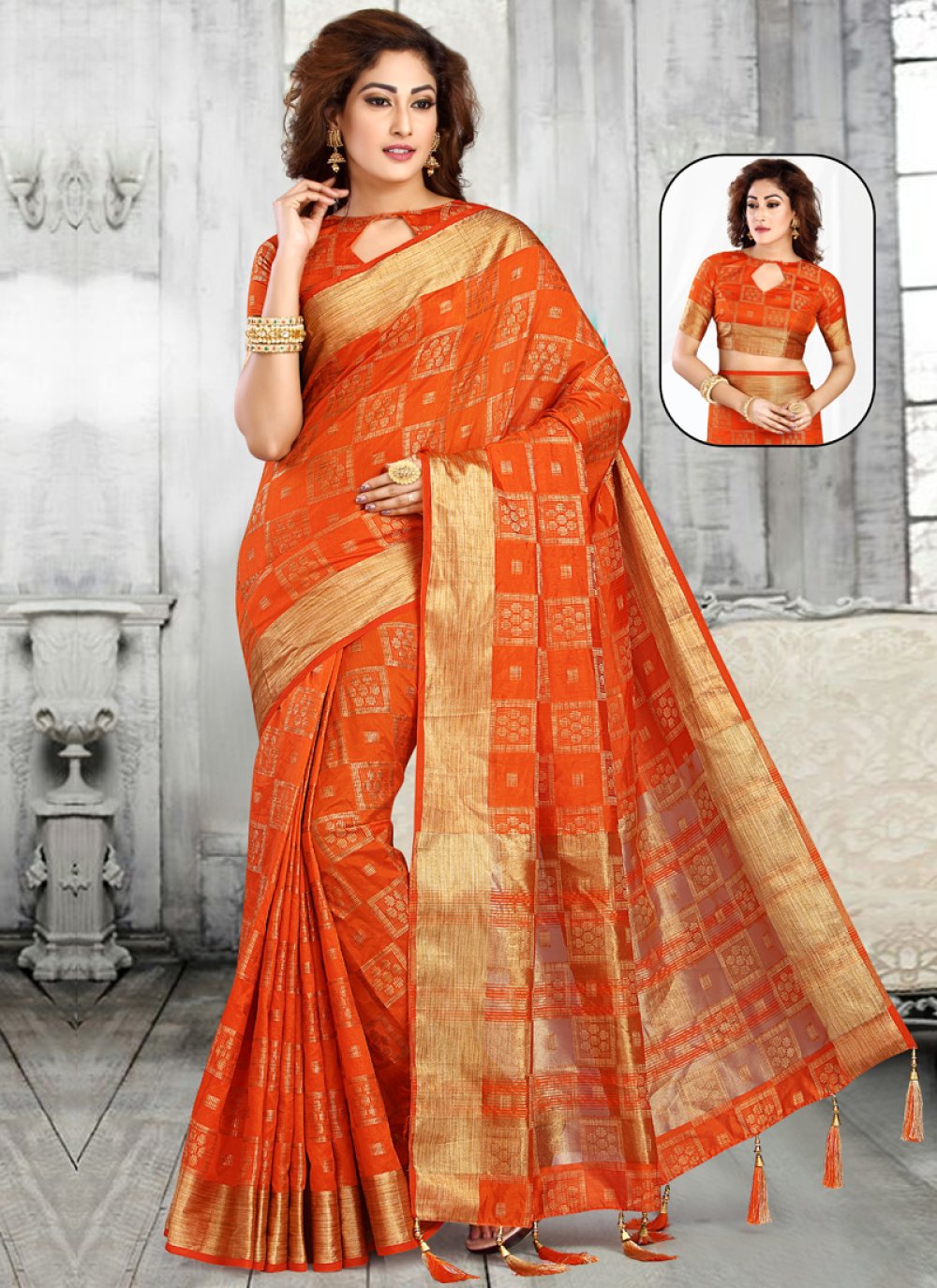 Shop Zari Orange Designer Saree Online 88820