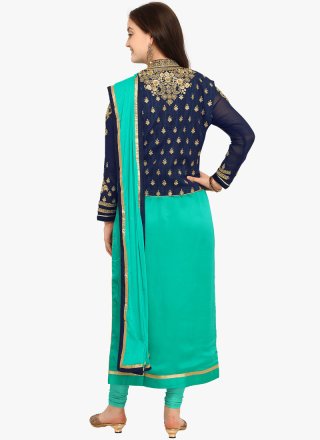 Zari Work Turquoise Churidar Salwar Suit 