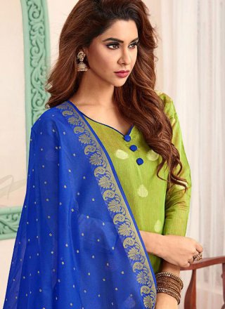 Abstract Print Banarasi Silk Blue and Green Trendy Churidar Salwar Suit