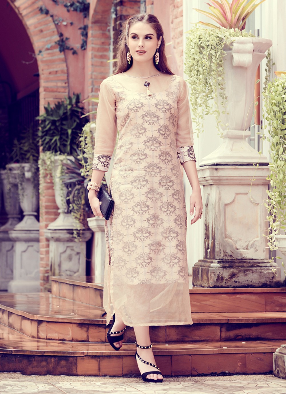Abstract Print Beige Party Wear Kurti