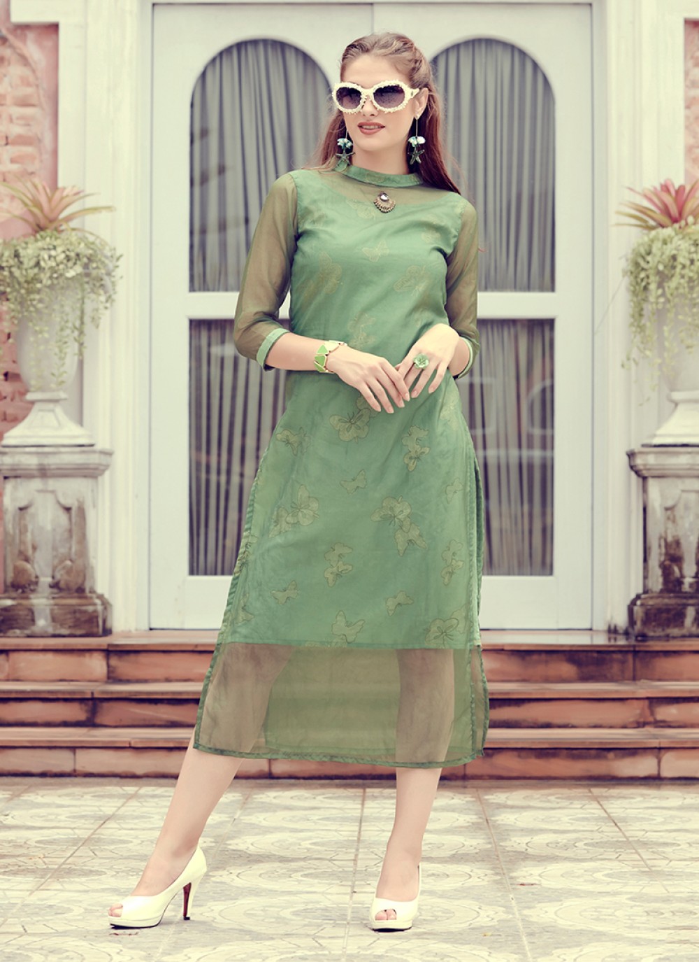Abstract Print Crepe Silk Party Wear Kurti in Green