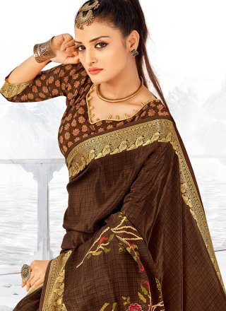 Abstract Print Faux Crepe Printed Saree in Brown