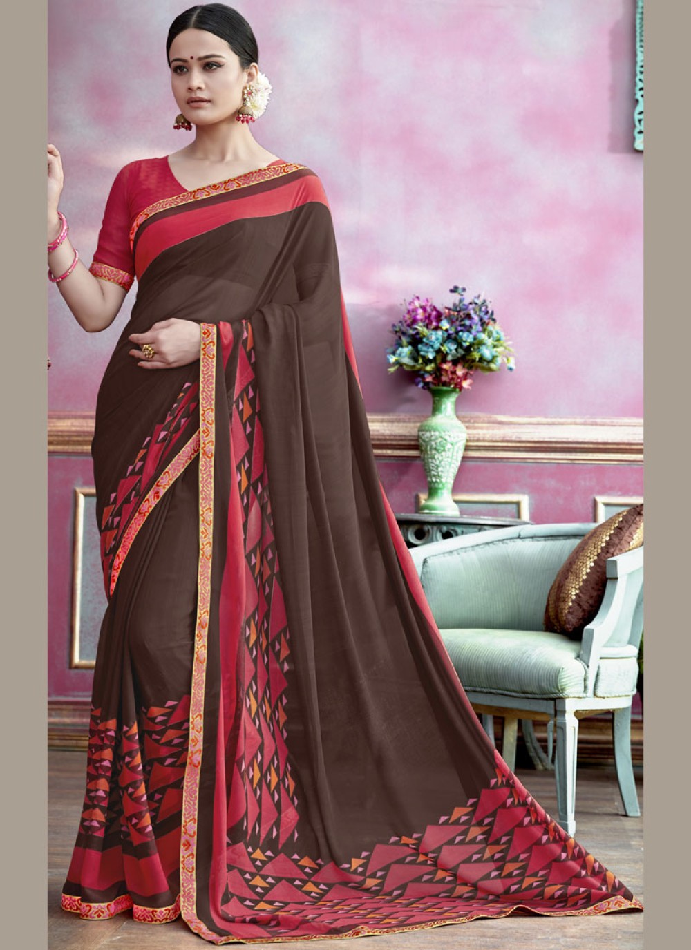 Abstract Print Faux Georgette Multi Colour Saree