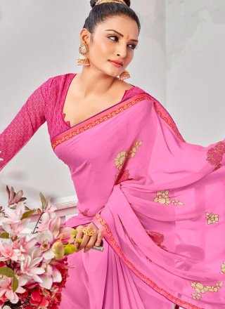 Abstract Print Faux Georgette Pink Printed Saree