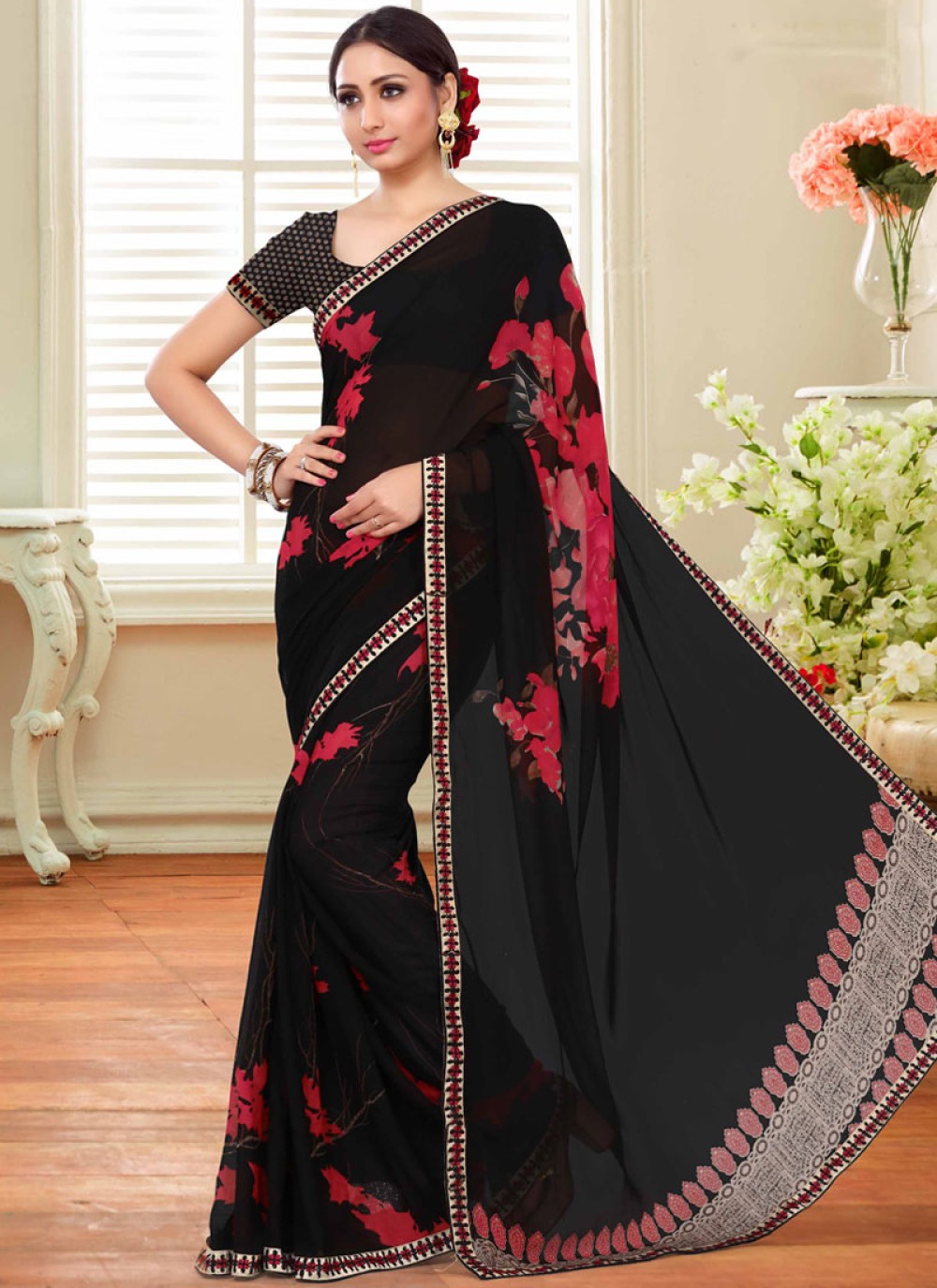 Abstract Print Faux Georgette Printed Saree in Black