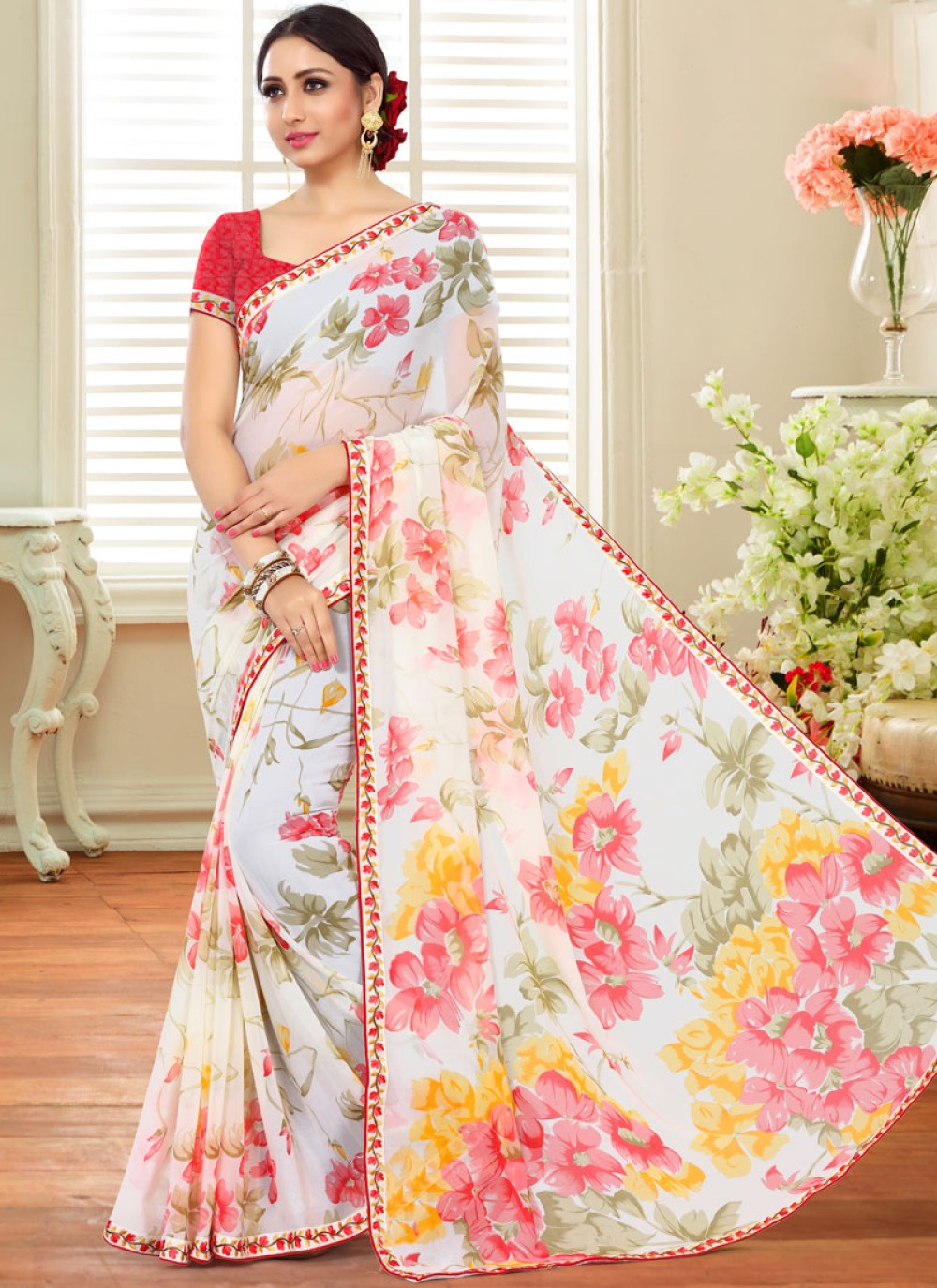Abstract Print Faux Georgette Printed Saree in Multi Colour
