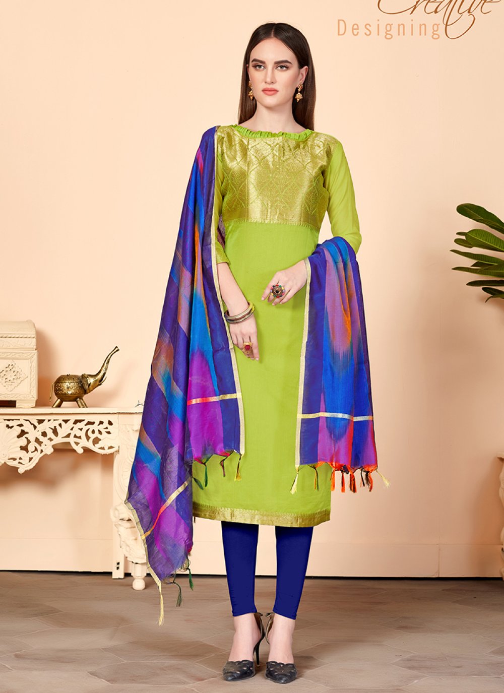 Abstract Print Green Jacquard Silk Churidar Suit