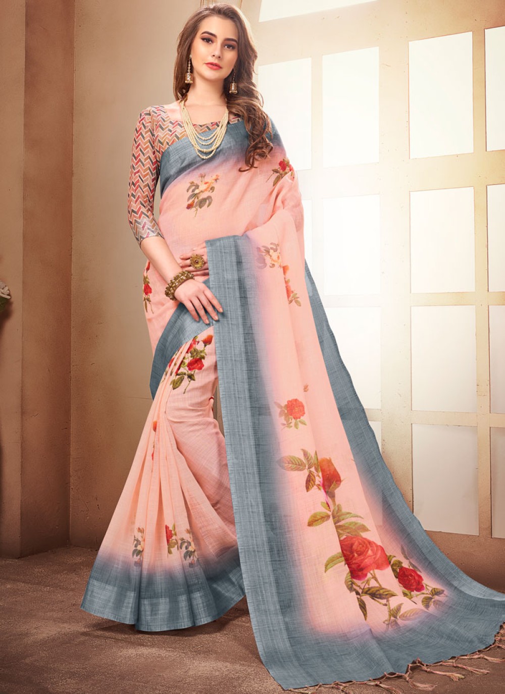 Abstract Print Linen Casual Saree in Multi Colour
