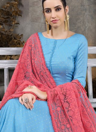 Anarkali Salwar Kameez Designer Maslin Cotton in Blue