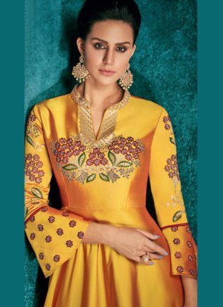 Anarkali Salwar Kameez Embroidered Silk in Mustard