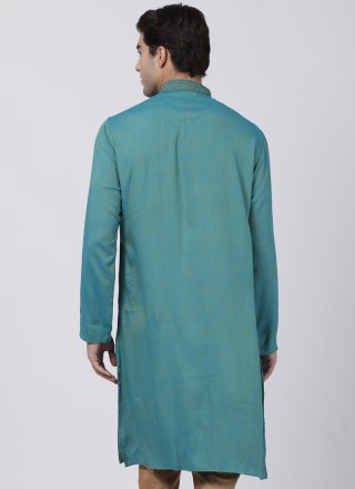 Aqua Blue and Green Plain Blended Cotton Kurta Pyjama
