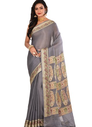 Art Banarasi Silk Grey Weaving Designer Traditional Saree