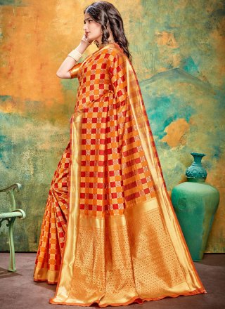 Art Banarasi Silk Printed Printed Saree in Orange and Red