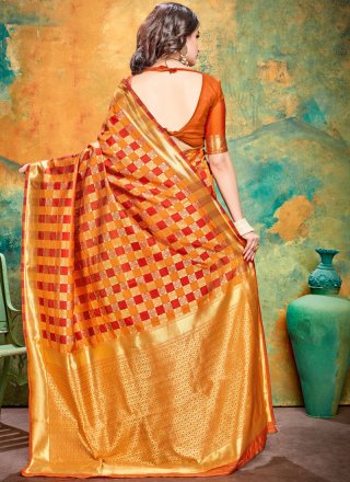 Art Banarasi Silk Printed Printed Saree in Orange and Red