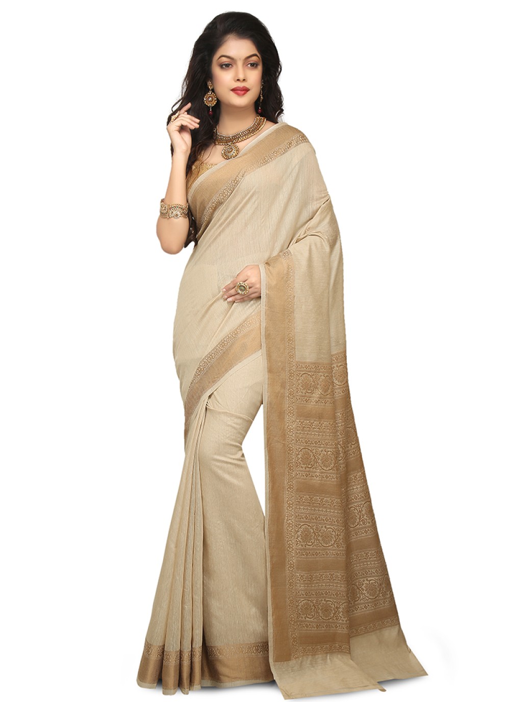 Art Banarasi Silk Thread Work Beige Designer Traditional Saree