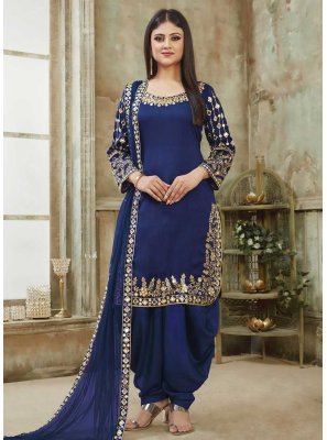 Art Silk Blue Designer Patiala Suit