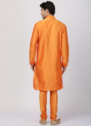 Art Silk Cotton Machine Embroidery  Orange Kurta Pyjama