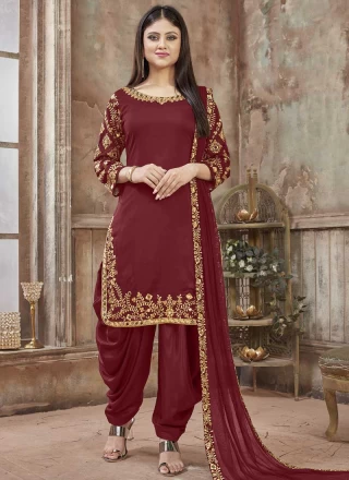 Beautiful Maroon Silk Party Wear Salwar Kameez Plazo Suits Readymade Top  Bottom | eBay