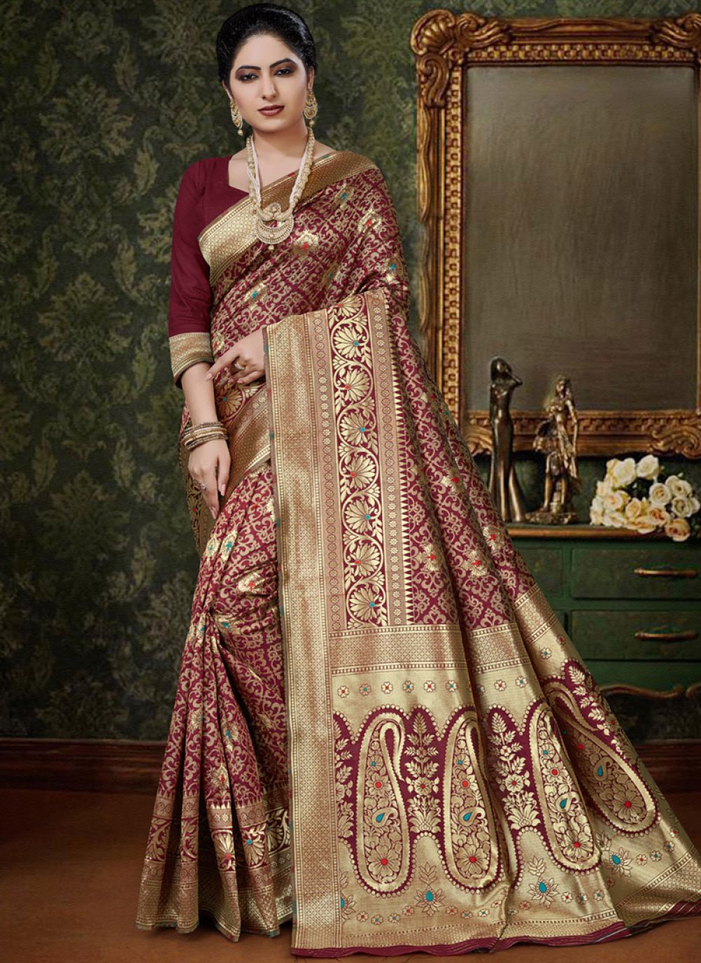 Buy Art Silk Designer Traditional Saree in Maroon Online