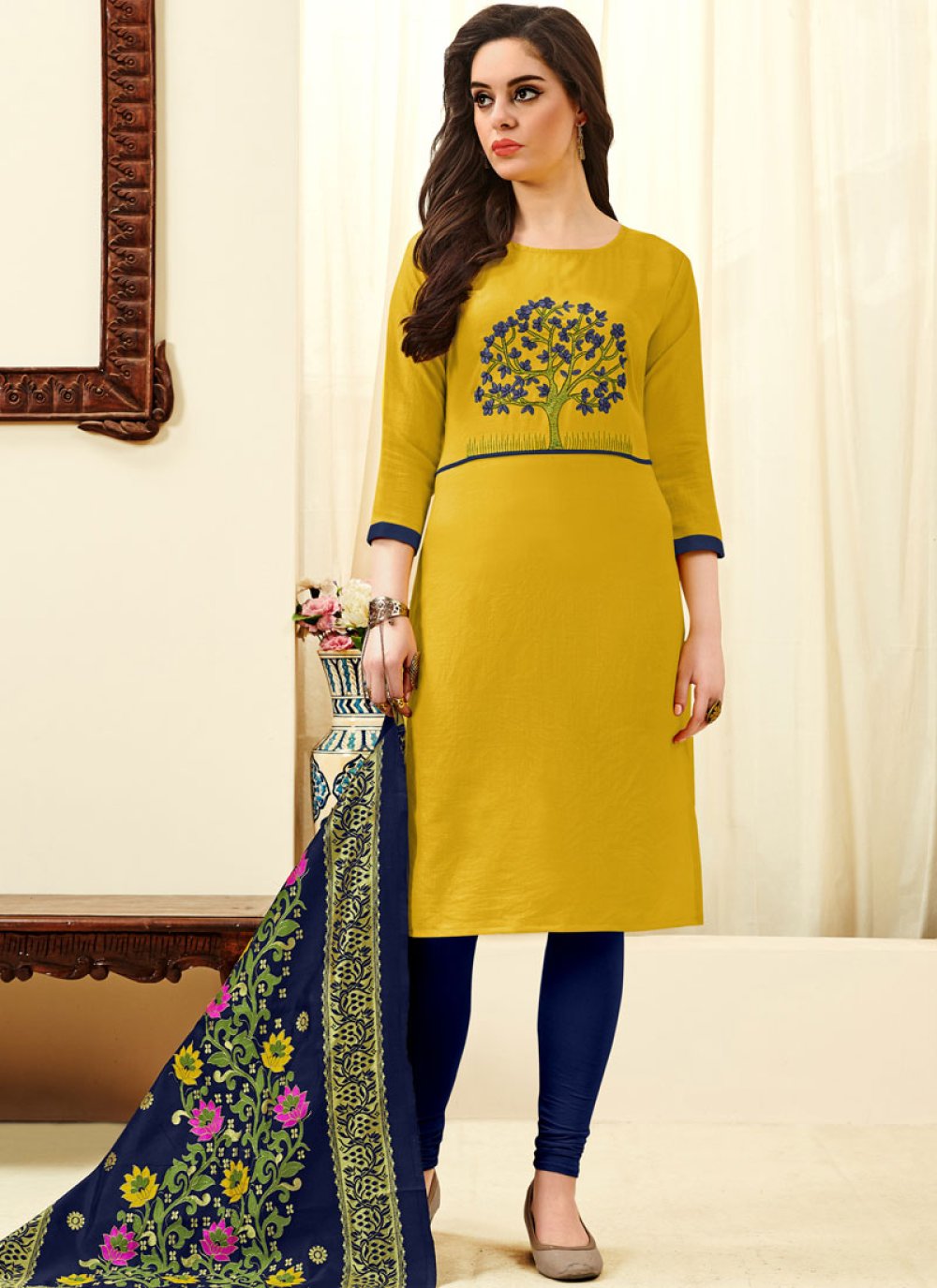 Buy Online Art Silk Embroidered Churidar Suit