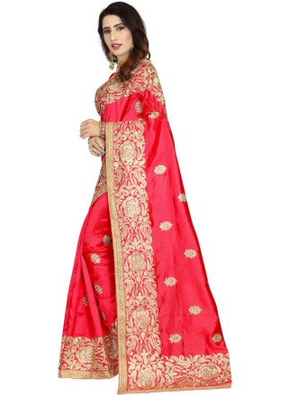 Art Silk Embroidered Classic Designer Saree in Red