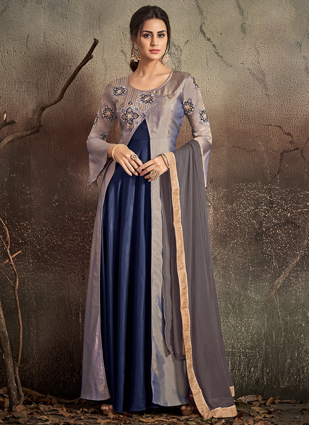 Art Silk Embroidered Grey and Navy Blue Designer Gown