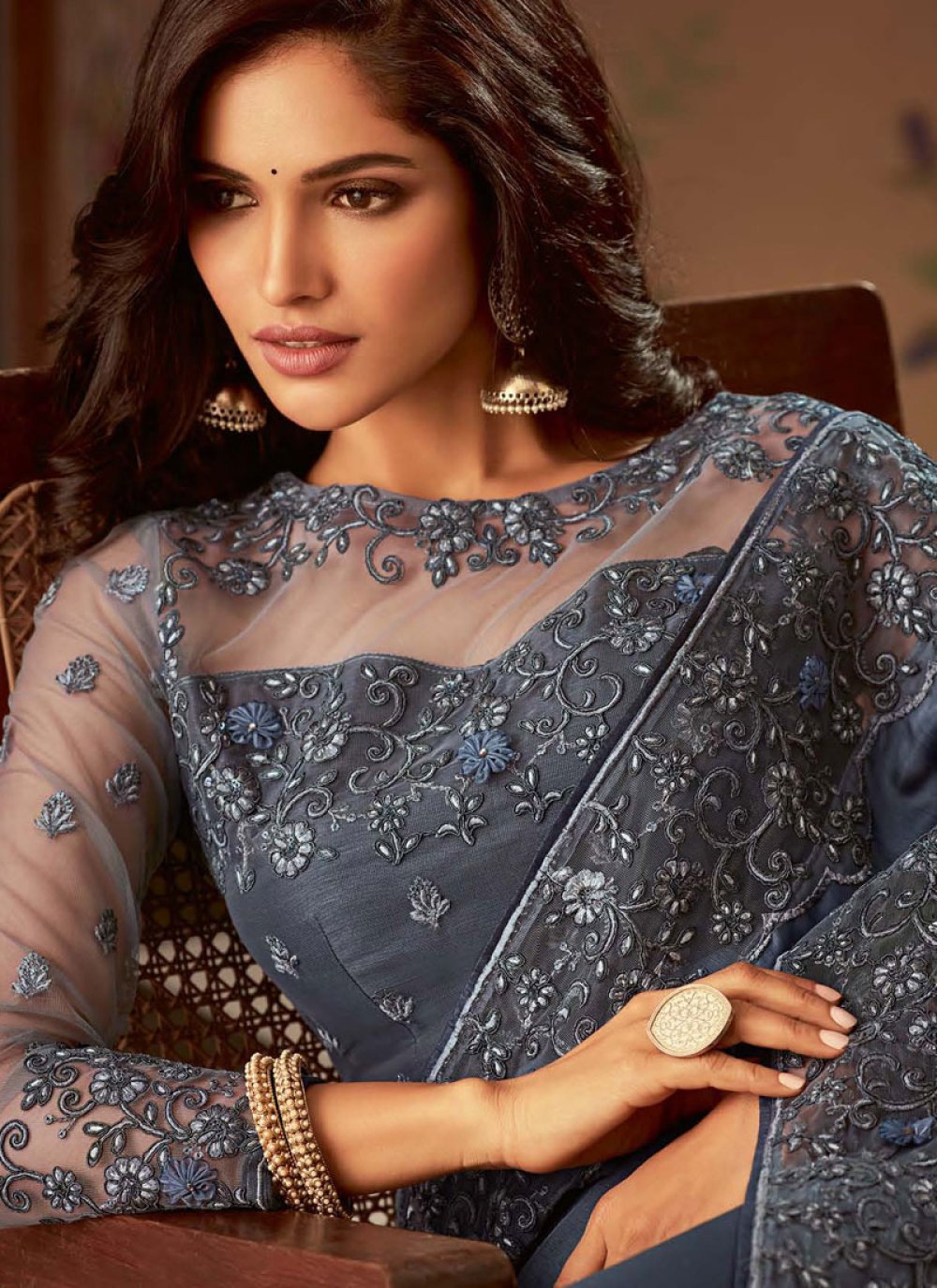 Buy Art Silk Embroidered Grey Designer Traditional Saree Online 127248