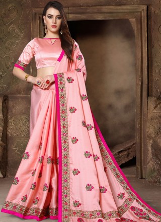 Art Silk Embroidered Pink Traditional Saree