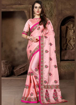 Art Silk Embroidered Pink Traditional Saree