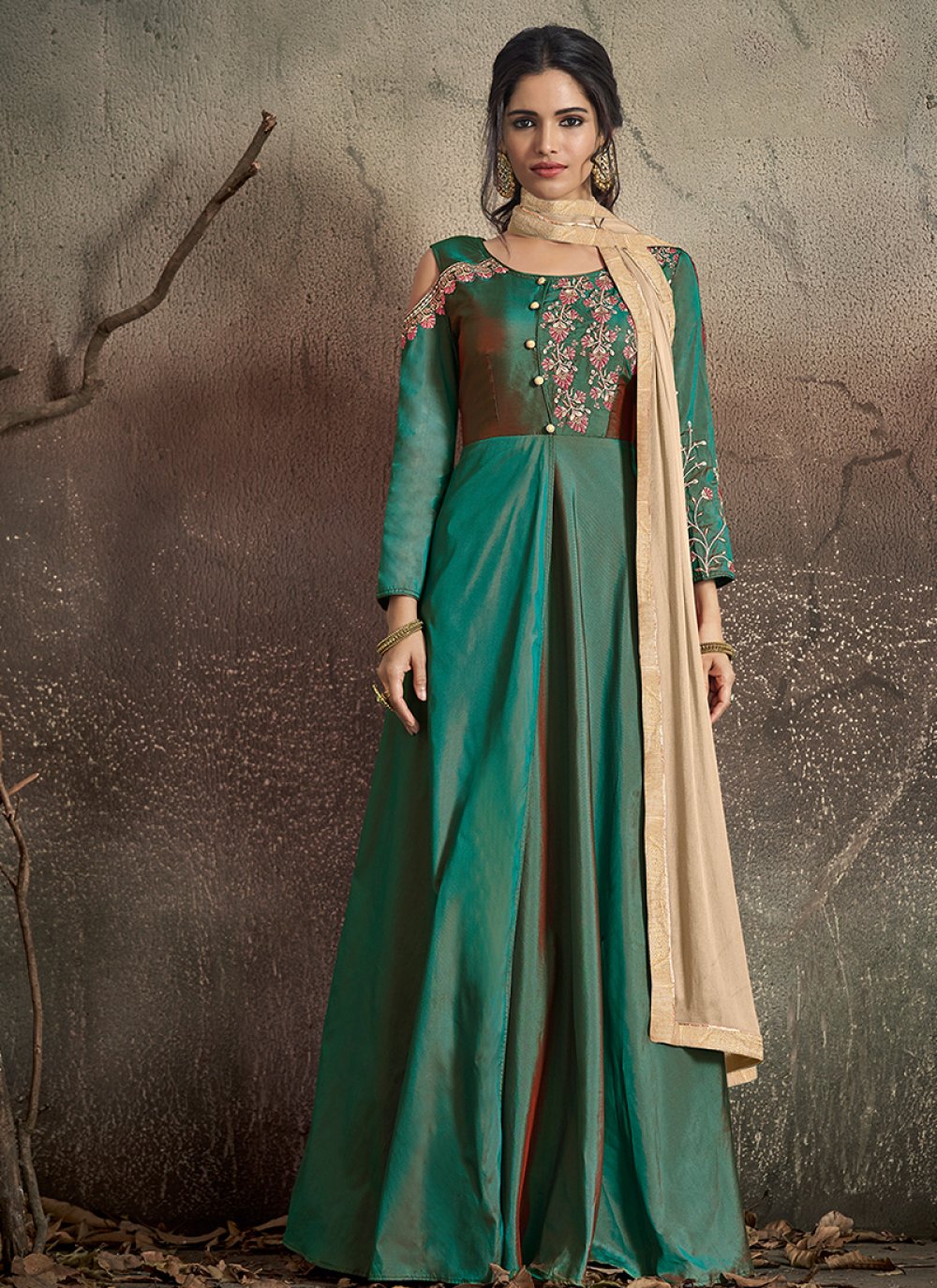 Art Silk Embroidered Readymade Designer Gown in Green